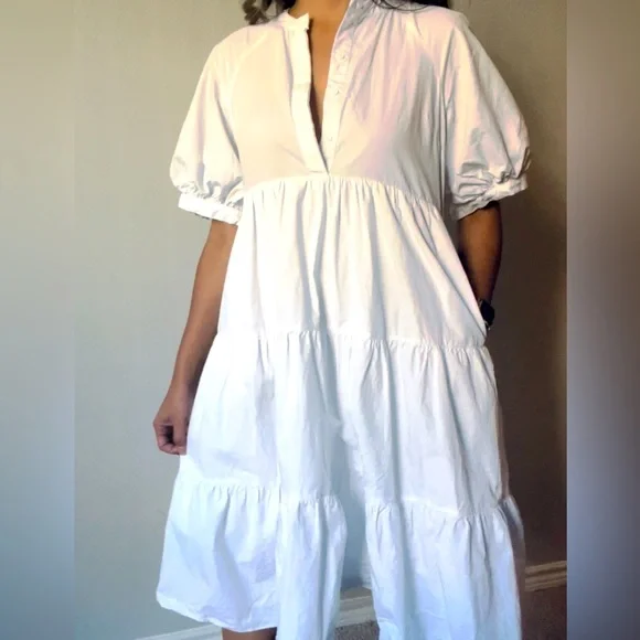 English Factory 100% cotton midi white tiered dress with puff sleeves and pocket - Picture 5 of 6